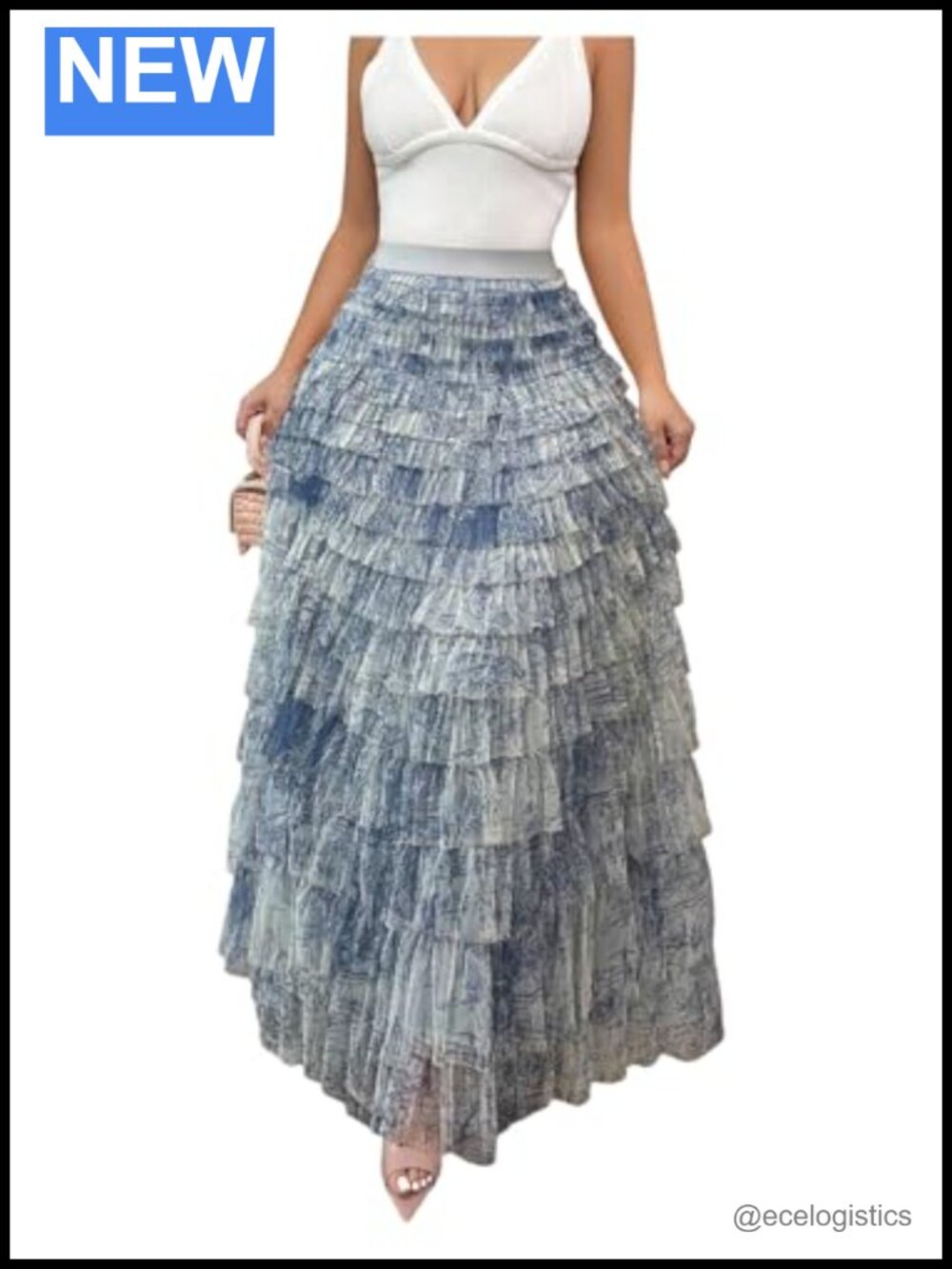 Floral Mesh Maxi Skirt High Waisted Tiered Ruffle Hem Women's